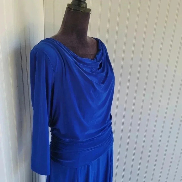 Chaps Long Sleeve Blue Midi Dress Women's Stretch Ruched Hips Waterfall Neck XL - Picture 6 of 10